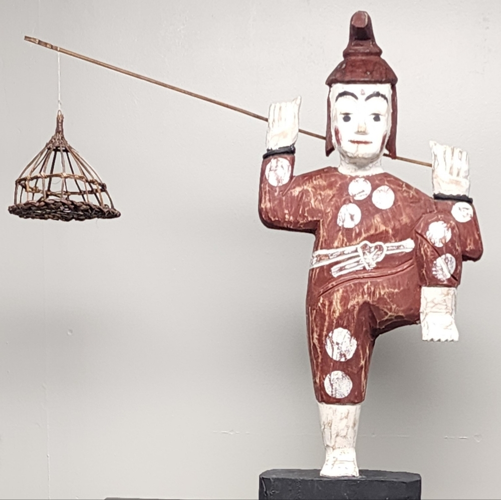 VTG Hand Carved Wood Asian Fisherman With Basket Sculpture 28"x12" & 25" Basket